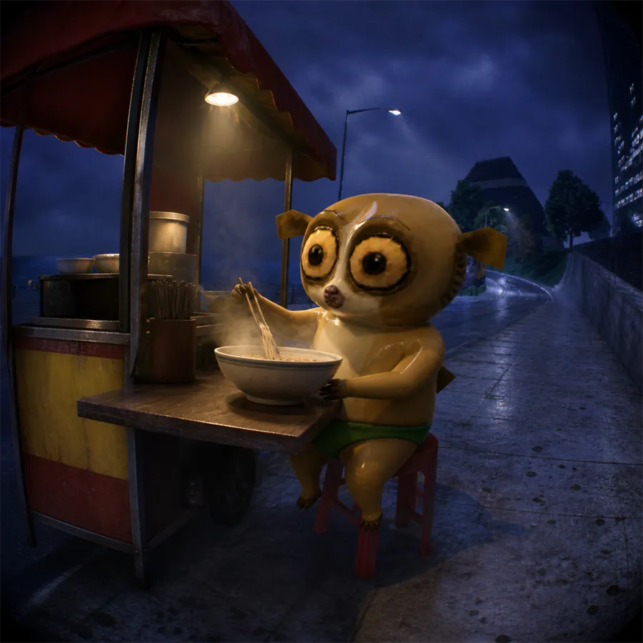 morrt eating noodles at a street cart
