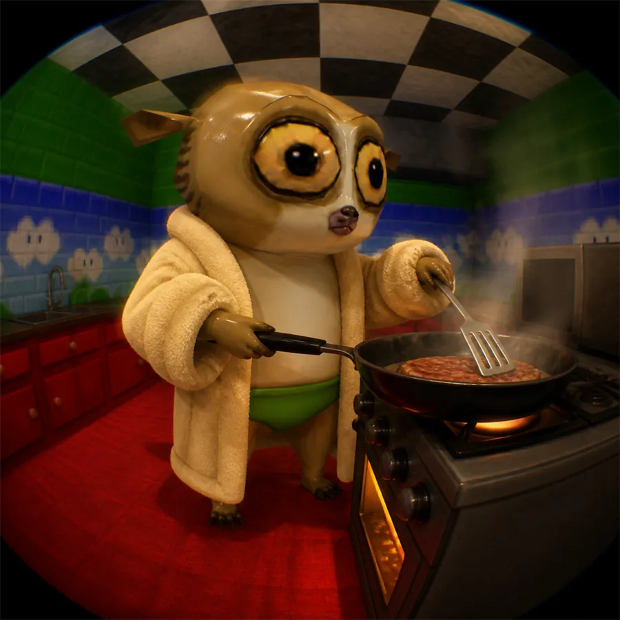 morrt frying something at a stove in a bathrobe