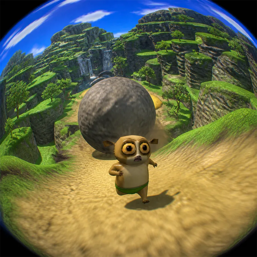 morrt running from a rolling boulder